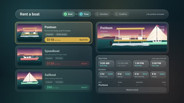 Interactive User Interface Animation Displaying Boat Rental Application Screen With Modern Glassmorphism Design For Digital Travel Services
