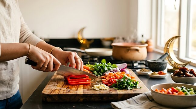 Chopping fresh vegetables on cutting board for healthy cooking.