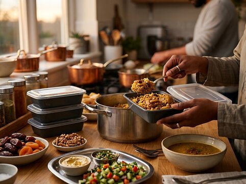 Family preparing iftar meal with dates, salad, and lentil soup.