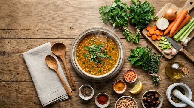Hearty lentil soup in a bowl with fresh ingredients and cooking utensils.