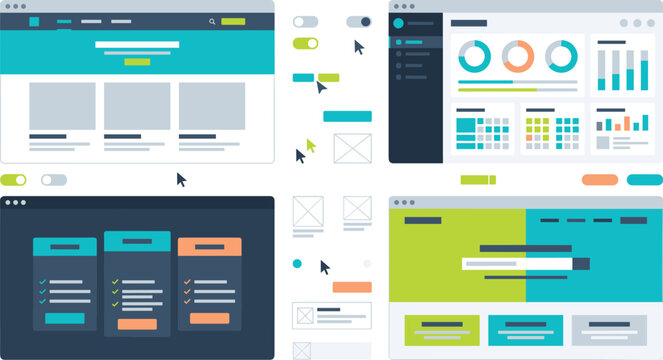 Website user interface UI design kit vector template bundle featuring admin dashboard wireframe pricing tables landing page mockups and menu elements
