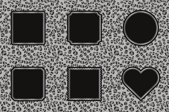 Silver Frames on Leopard Print Background Set, 6 Frame Shapes with Black Chalkboard Center
