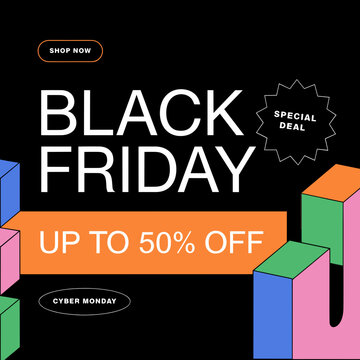 Black friday shopping sale banner template with 50 percent off discount for retail background promotion commerce purchase