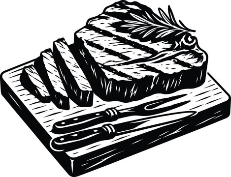 Grilled Steak with Sliced Meat and Knives on Cutting Board Vintage Vector Illustration.