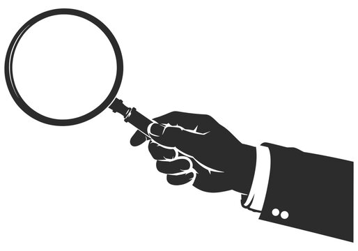 Black and White Magnifying Glass Illustration with Hand Holding a Detective Search Tool.