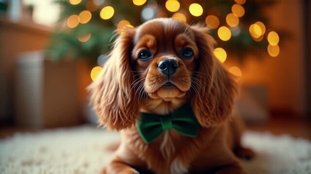 Cavalier King Charles Spaniel vor festlichem Weihnachtsbaum