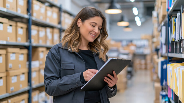 Female office manager holding an inventory clipboard while arranging cardboard archive boxes and document folders on industrial shelving, contemporary business storage area, neat