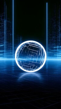 Glowing white sphere with geometric lines on dark grid floor