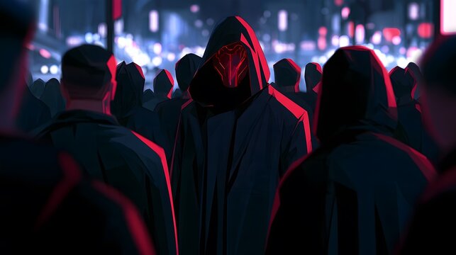 Person in black hooded coat with glowing red mask in city crowd