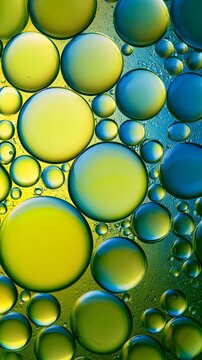 Yellow green and blue oil droplets in water bubbles