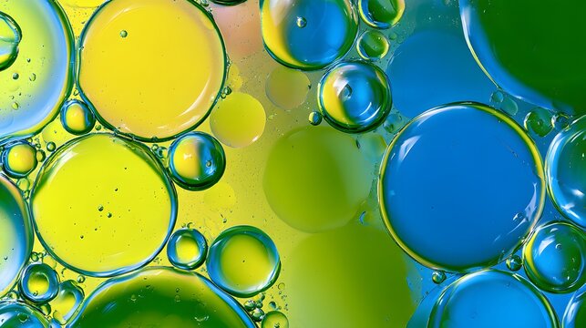 Macro view of yellow green and blue oil bubbles in liquid