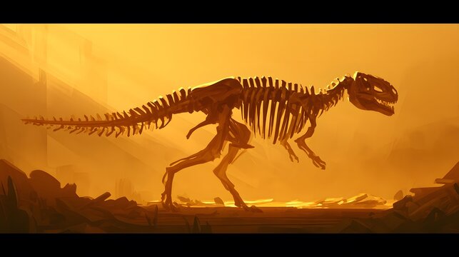 Dinosaur skeleton in profile view inside a golden museum hall