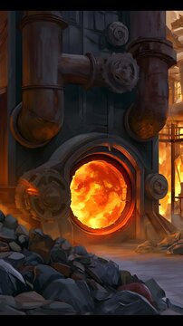 Industrial incinerator furnace with glowing orange fire and pipes