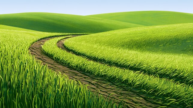 Winding tractor tire tracks in a green wheat field landscape