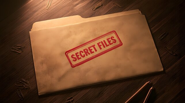 Weathered manila folder with red secret files stamp on wooden desk