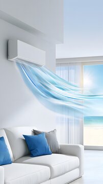 White air conditioner blowing blue air over sofa in living room