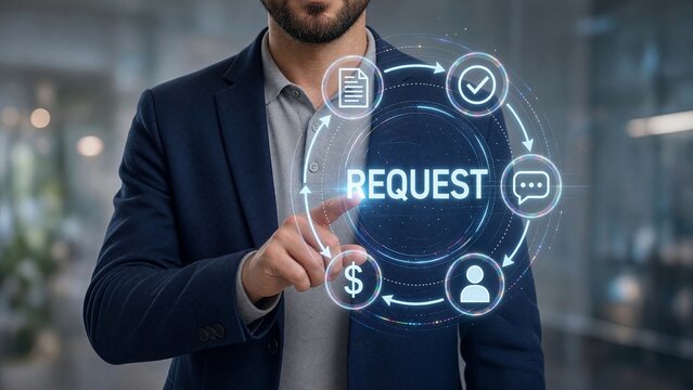 Businessman touching virtual Request workflow cycle with document, approval, chat, customer and payment icons, request management process concept