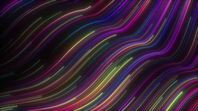 Abstract neon wave background with colorful flowing light trails and glowing lines in fluid animation, forming parallel diagonal curve and dotted pattern with vibrant gradient black.