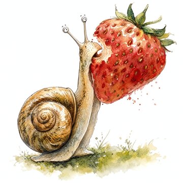 Quirky Snail Reaching Up To Bite A Giant Ripe Strawberry