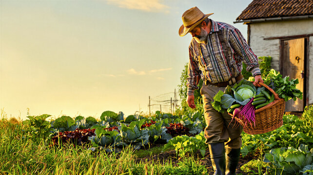 Gardener carrying a basket of fresh vegetables at golden evening