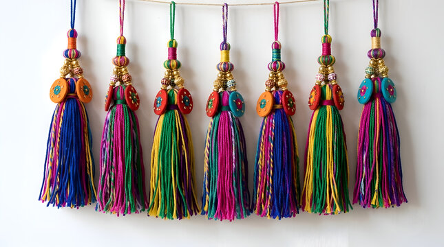 Image showcases a row of colorful tassels hanging vertically against a white background. Each tassel features a vibrant array of colors including blue, pink, green, yellow, and purple. The tassels are
