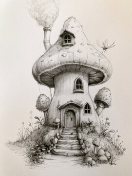 hand drawn pencil sketch illustration of fantasy mushroom fairytale house with chimney smoke stairs and little flying insect in magical forest woodland environment art