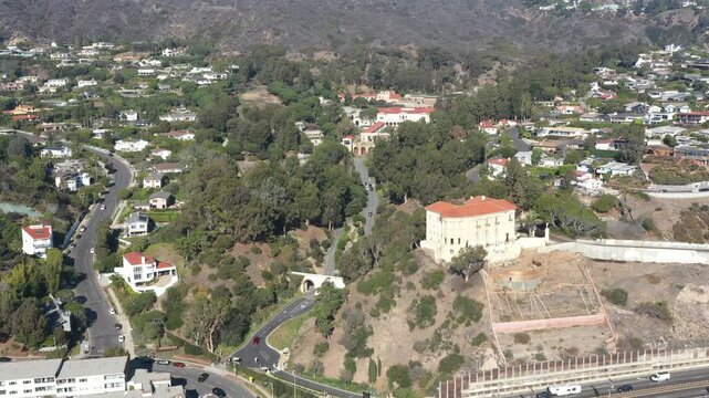 Aerial view of a Roman style museum and gardens in LA