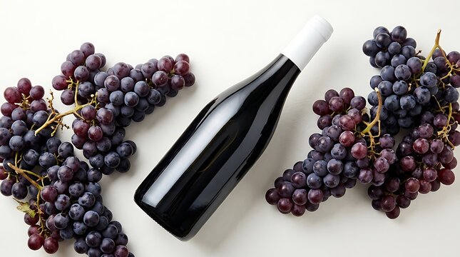 Bottle of red wine surrounded by fresh dark grapes on white surface with still life