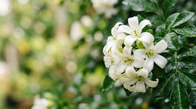 Clusters of fragrant white orange jasmine flowers blooming on green bush with water drops