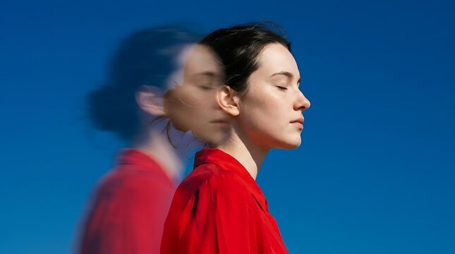 Profile portrait of a young woman with motion blur effect against a blue sky