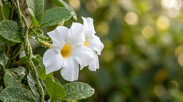 Fresh white flowers blooming amidst lush green foliage covered in morning dew with flower