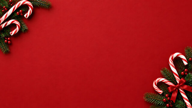 Sweet candy canes with green pine needles decorating red surface for holiday background