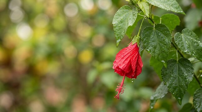 Hanging red bud flower swaying gently among wet green leaves with leaf dew drop rain