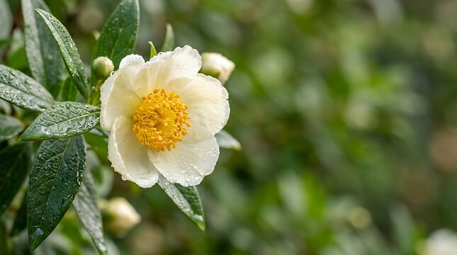 Single white flower with a bright yellow center surrounded by dewy leaves green leaf dew drop