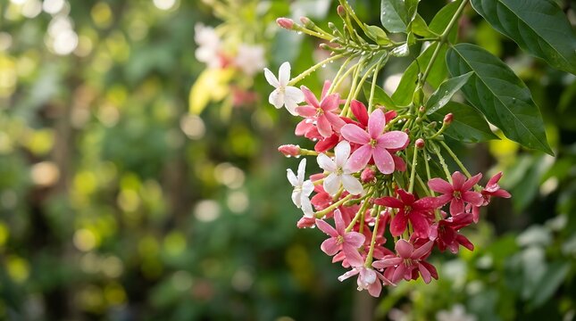 Rangoon creeper flowers hanging in clusters with pink and white petals flower green leaves