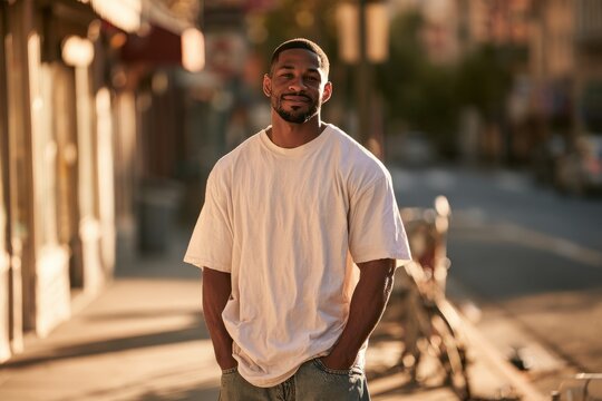 Portrait of a Black man on a sunlit urban sidewalk in casual clothing, relaxed pose