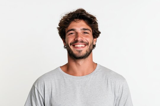 Portrait of a cheerful man smiling against a white seamless background