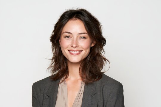 Portrait of a cheerful young businesswoman looking directly at the camera in a clean corporate studio