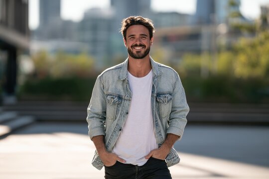Portrait of a cheerful young man in casual outdoor setting, standing with a warm smile