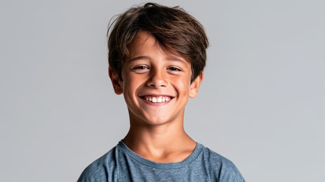 Portrait of a cheerful young boy smiling against a smooth gray backdrop
