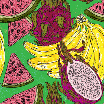 A tropical fruit pattern bananas, watermelon, and pitaya a hand drawn botanical illustration in a retro maximalist style
