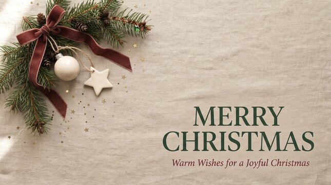 Merry christmas greeting card with holly and white bauble