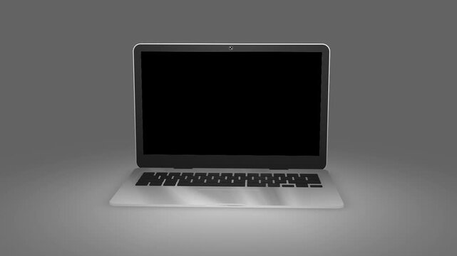 Modern laptop display with blank black screen mockup, silver notebook computer on neutral background, digital device display template