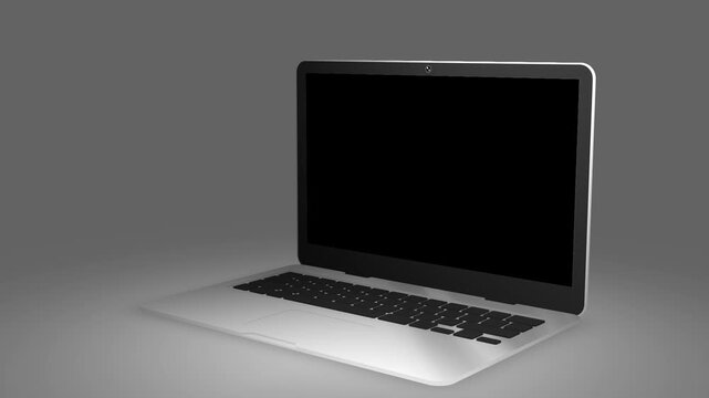 Silver laptop mockup with blank black screen, modern computer display for presentation, minimalist digital notebook hardware on studio backdrop