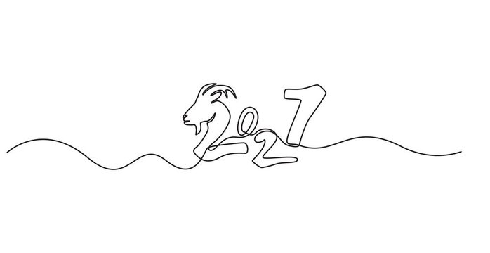 2027 new year of the goat ra m animal continuous line art clip self drawing animation on white background. single one line art written outline sketch 2027 year numbers video. 4k animation video