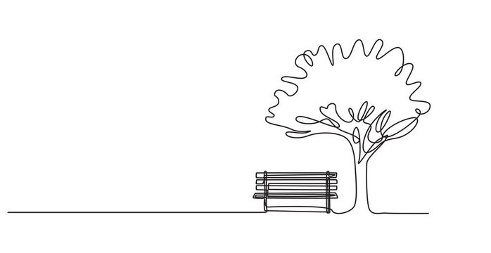 Animated a serene park scene featuring a bench under a tree, Bench in the park near a tree and a lantern, continuous one line Video minimalism style. one line Icon drawing, Continuous one line. 4K