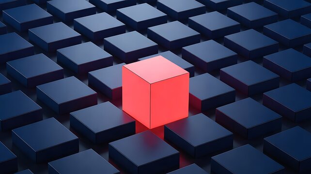Glowing red cube standing out among uniform dark blue geometric shapes in abstract grid pattern with central cube illuminated 
