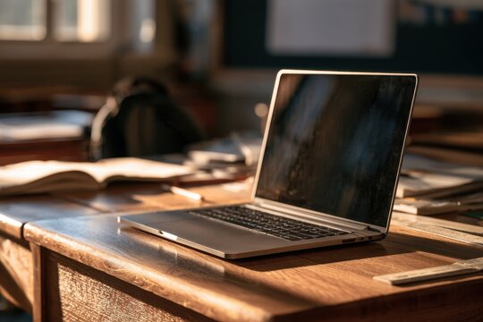 Technology meets learning: laptop on a classic wood desk in educational setting