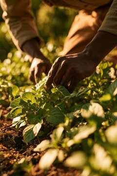 Tender close-up of a Black nature advocate cupping a green leaf under warm sun
