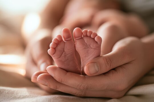 Tender close-up of a mother holding her newborn's feet to form a heart